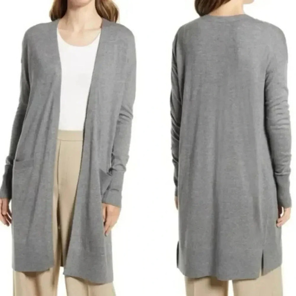 Nordstrom halogen Cashmere Blend Long Open Front Gray Cardigan quiet Luxury M - Picture 1 of 10